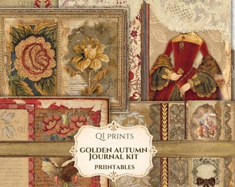 May include: A digital collage sheet set titled Golden Autumn Journal Kit by QI Prints. The collection features vintage-style paper designs with illustrations of a person in a red gown, floral patterns, lace textures, and a bow, all in warm tones.