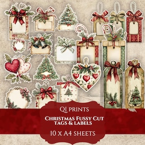 Christmas tags labels, Junk journal tags, Digital labels, Junk journal tags, Gift tags, Gift labels, Christmas tags, Blank labels, Red tags