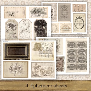 May include: Four sheets of paper ephemera featuring vintage-style illustrations, including botanical drawings of roses and sunflowers, ornate frames, calligraphy, antique book covers, landscape sketches, and a grid of postage stamps labeled Post Office.