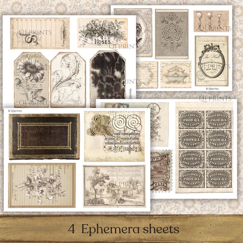 May include: Four sheets of paper ephemera featuring vintage-style illustrations, including botanical drawings of roses and sunflowers, ornate frames, calligraphy, antique book covers, landscape sketches, and a grid of postage stamps labeled Post Office.