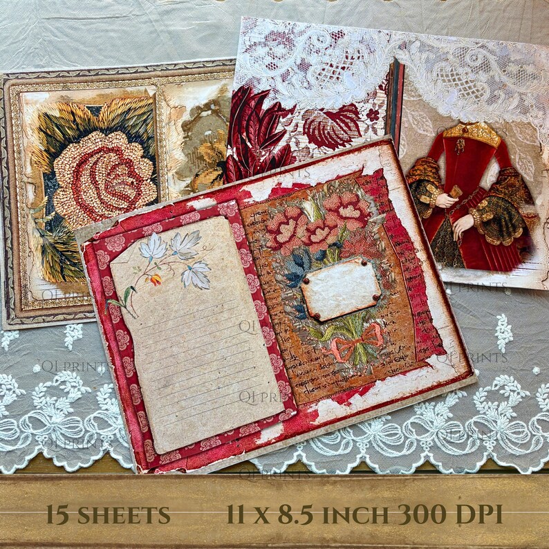 Puede incluir: Una colecci&oacute;n de hojas de papel decorativas con ilustraciones de estilo vintage de rosas, patrones de encaje y una figura con un vestido rojo. El set incluye 15 hojas, cada una de 11 por 8.5 pulgadas con 300 DPI, seg&uacute;n indica el texto visible.