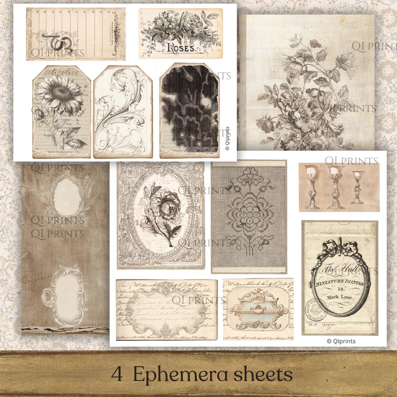 May include: A collection of four digital ephemera sheets featuring vintage-style illustrations, including botanical rose drawings, ornate frames, decorative tags, script handwriting, and architectural sketches in sepia and cream tones with the text QI PRINTS.