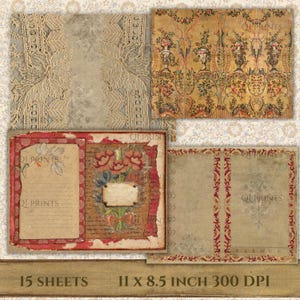 Puede incluir: Una colecci&oacute;n de hojas de papel digital con patrones de encaje vintage, motivos de urnas florales y texturas de pergamino envejecido con bordes decorativos rojos. El texto 15 SHEETS 11 x 8.5 INCH 300 DPI est&aacute; impreso en la parte inferior.