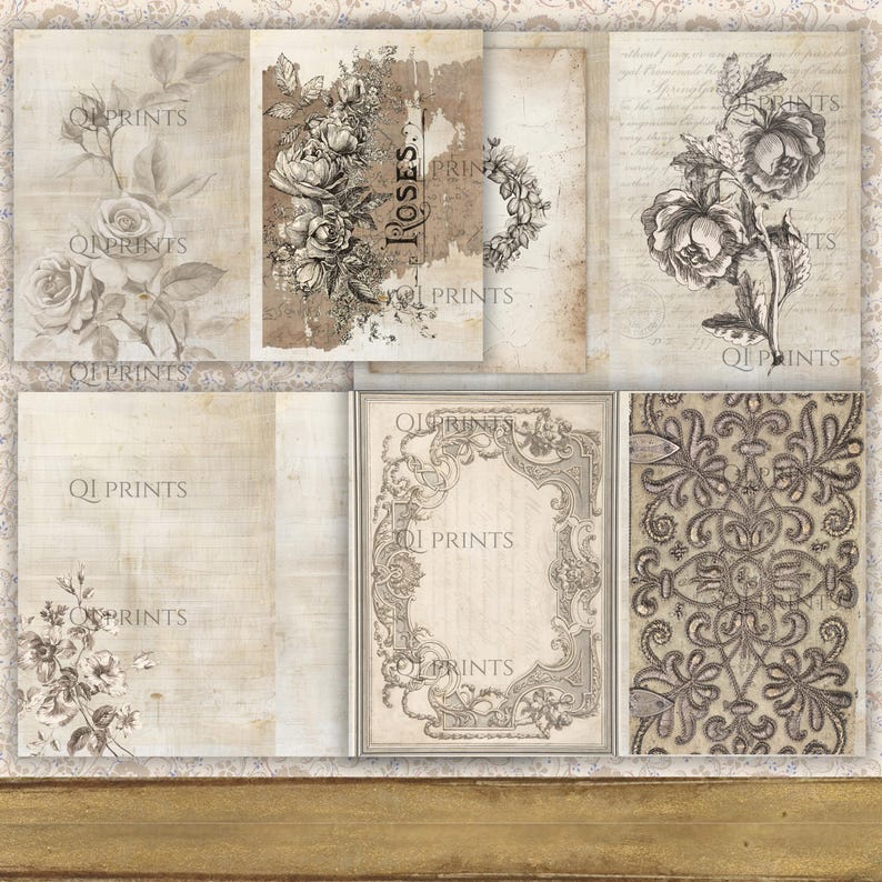 May include: A collection of six rectangular paper sheets featuring vintage-style designs in sepia and cream tones. The prints include botanical rose illustrations, ornate decorative frames, intricate lace-like patterns, and cursive script text.