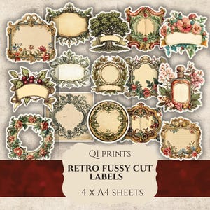 Retro labels, Fussy cut labels, Vintage labels, Junk journal labels, Green red labels, Floral labels, Large blank labels, Digital labels