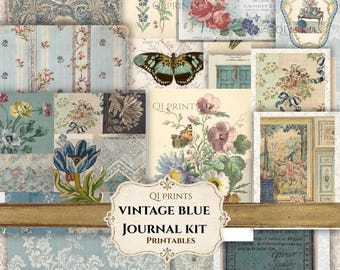 Vintage Blue Journal Kit, Ephemera, French blue, Digital download, Floral paper, Printables, Victorian