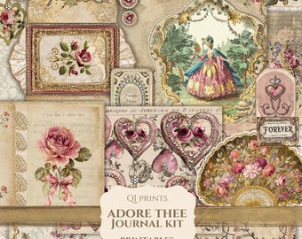 Adore Thee Journal Kit, Pink Victorian Romance Printables, Blush Rose Ephemera, Vintage Floral Digital Download