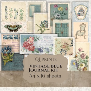 Vintage Blue Journal Kit, Blue Ephemera, Blue Digital paper, Vintage paper, Junk journal kit, Floral paper, Blue floral printables, Blue
