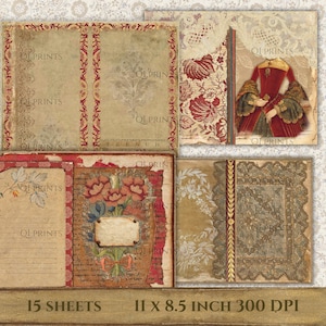 Puede incluir: Una colecci&oacute;n de hojas de papel para &aacute;lbumes de recortes digitales con dise&ntilde;os de estilo vintage, patrones de encaje, motivos florales y una ilustraci&oacute;n de un vestido rojo. El texto 15 SHEETS 11 X 8.5 INCH 300 DPI aparece impreso abajo.