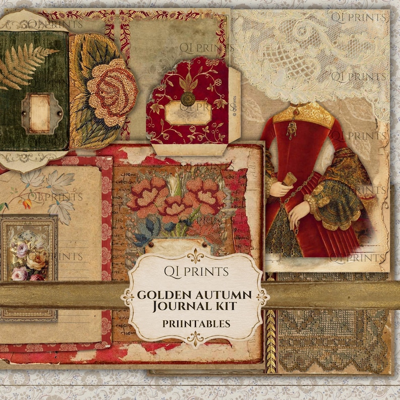 Kit de diario Golden Autumn 1, papeles vintage victorianos y efímeros para manualidades de scrapbooking y diarios creativos. imagen 1