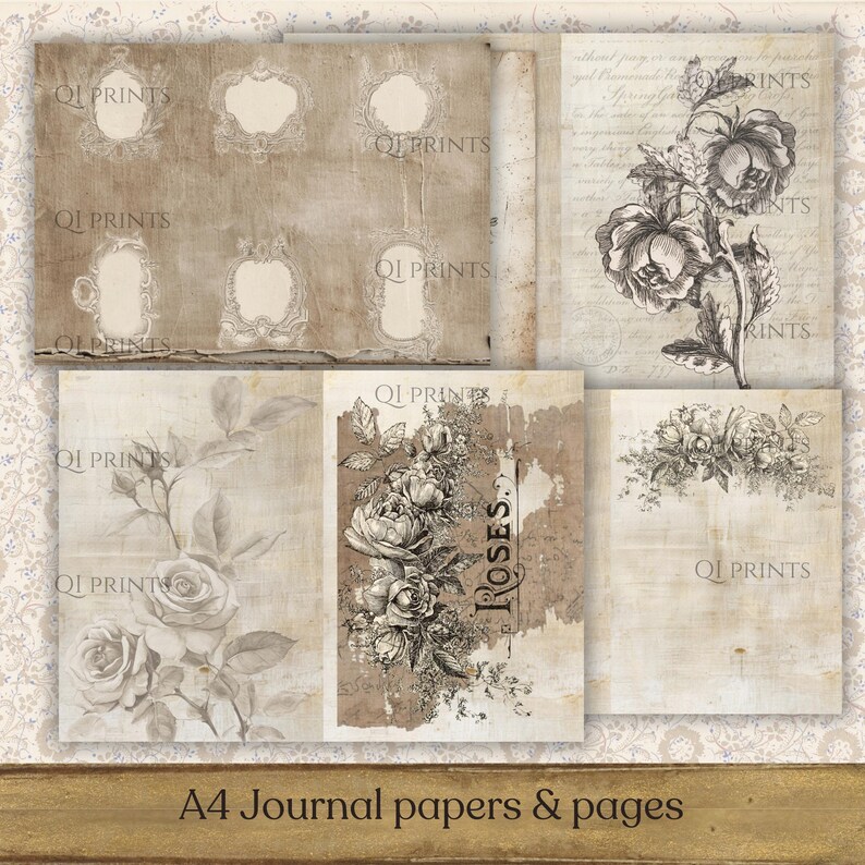 May include: A collection of A4 journal papers and pages featuring vintage-style beige backgrounds with black and white botanical illustrations of roses, ornate decorative frames, and cursive script text with the watermark QI PRINTS.