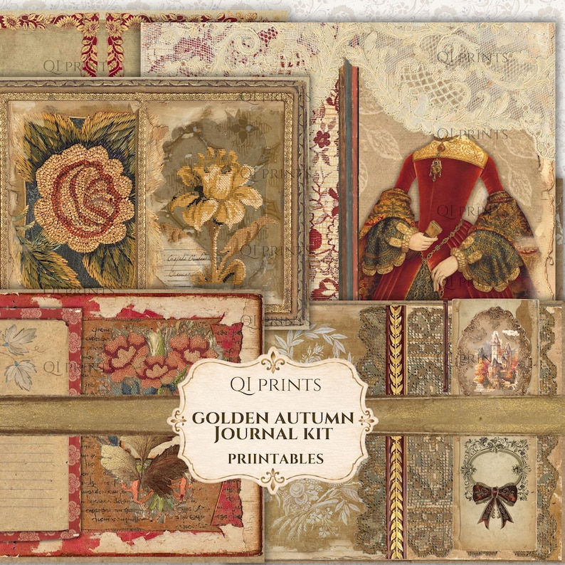 Puede incluir: Un kit de diario digital con texturas de papel vintage, ilustraciones florales, patrones de encaje y una figura con vestido rojo. La etiqueta central muestra el texto QI PRINTS GOLDEN AUTUMN JOURNAL KIT PRIINTABLES en letras marrones.