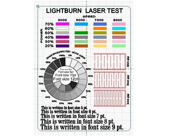 Tarjeta de prueba láser LightBurn, Prueba de material de grabado y corte, Prueba láser SVG-DXF, Escala láser, Escala de potencia, Grabado