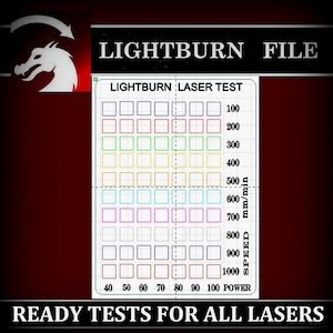 Puede incluir: Un gráfico de prueba de láser Lightburn con una cuadrícula de cuadrados en diferentes colores. El gráfico está etiquetado como "Lightburn Laser Test" y tiene una escala de velocidad en milímetros por minuto y potencia en porcentajes. El gráfico está diseñado para ayudar a los usuarios a probar el rendimiento de sus cortadoras láser.