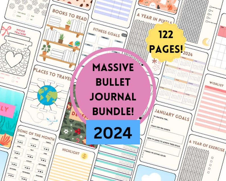 Paquete masivo de Bullet Journal 2024/ Cuaderno digital/ Rastreadores mensuales/ PDF/ Cuaderno colorido/ imprimible imagen 1