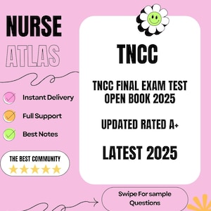 Op de afbeelding: Een roze en witte afbeelding met de tekst "NURSE ATLAS" en "TNCC FINAL EXAM TEST OPEN BOOK 2025 UPDATED RATED A+ LATEST 2025". Een glimlachende bloemillustratie bevindt zich in de rechterbovenhoek. De tekst "Swipe For Sample Questions" staat in een witte rechthoek met een zwarte rand.