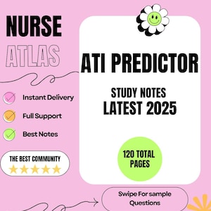 Puede incluir: Un gráfico rosa y blanco con el texto "NURSE ATLAS ATI PREDICTOR" en negro. El gráfico también incluye una flor sonriente, marcas de verificación con texto y una calificación de cinco estrellas. El texto "STUDY NOTES LATEST 2025" está en verde. El texto "120 TOTAL PAGES" está en verde y en un círculo. El texto "Swipe For sample Questions" está en un rectángulo blanco con un borde negro.
