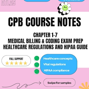 May include: A pink and white graphic with the text "NURSE ATLAS" and "UPDATED 2025". The image promotes CPB course notes for medical billing and coding exam prep, including healthcare regulations and HIPAA. It also features a "Swipe For samples" prompt.