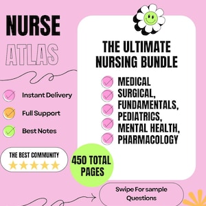 Può includere: Una grafica rosa e bianca con il testo "NURSE ATLAS" in nero. La grafica include un elenco di controllo degli argomenti di infermieristica, tra cui medicina, chirurgia, fondamenti, pediatria, salute mentale e farmacologia. La grafica include anche una valutazione a cinque stelle e il testo "THE BEST COMMUNITY".