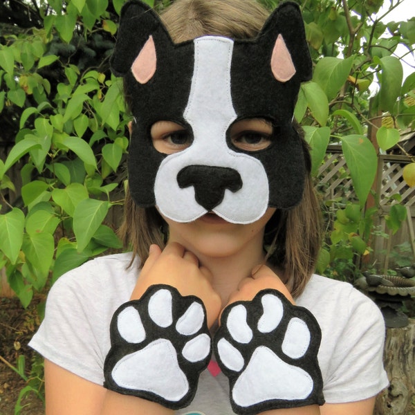 Dog Costume Set - Dog Mask - Boston Terrier Costume - Dog Paws - Boston Terrier Mask - Halloween - Child Size