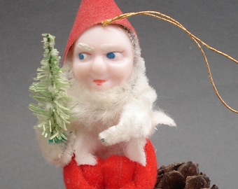 Vintage Chenille Pipe Cleaner Elf Ornament - Knee Hugger Elf Ornament - Gnome Ornament - Christmas Pixie - Pixie Tree Ornament -