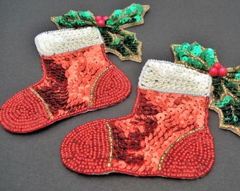 Pair of Sequin Stocking Appliques - Sew-on Red Christmas Stocking Patches - Decorative Holiday Badge - Stocking Decoration - Christmas Craft