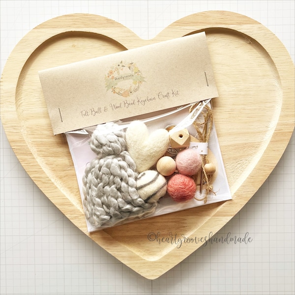 Felt Ball and Wood Bead Keychain Craft Kit With White Wool Felted Heart | DIY Essential oil Diffuser