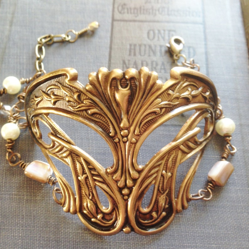 Art Deco Cuff Statement Bracelet Art Nouveau Antiqued Brass Etsy
