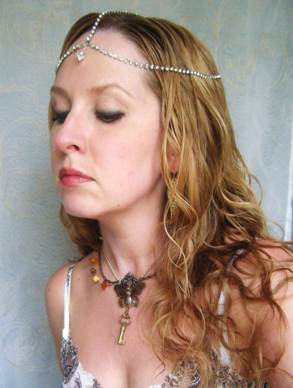 Diamond Like Crystals Bridal hair chain Headpiece Crown Etsy