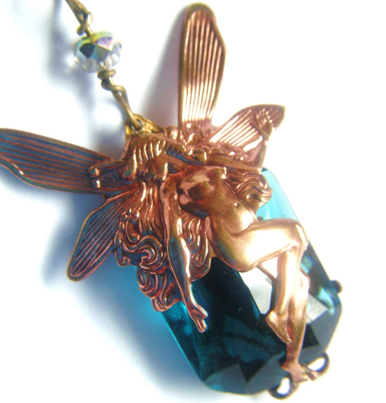 The Blue Faery Fairy Necklace Art Nouveau Brass Filigree Necklace with Clear Teal Blue Glass Stone free shipping worlwide