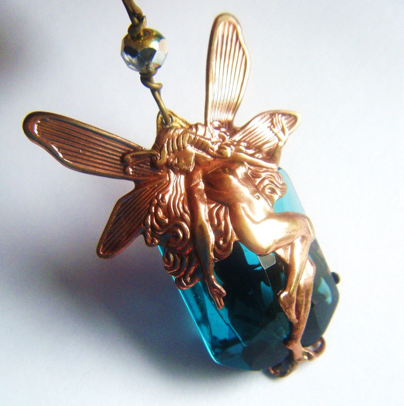 The Blue Faery Fairy Necklace Art Nouveau Brass Filigree Necklace with Clear Teal Blue Glass Stone free shipping worlwide