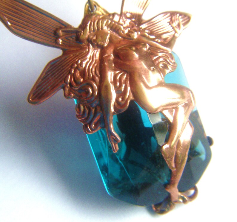 The Blue Faery Fairy Necklace Art Nouveau Brass Filigree Necklace with Clear Teal Blue Glass Stone free shipping worlwide