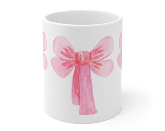 Bow Mug Coquette Mug Trendy Mug Pink Mug White Ceramic Mug (11oz)