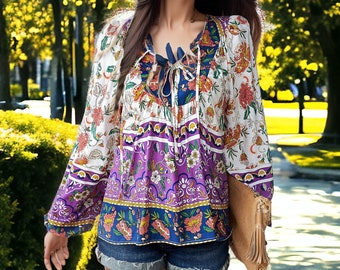 Boho Floral Print Spring Blouse, Summer Blouse Long Sleeve, Bohemian Print Tie Blouse for Spring, Floral Loose Fit Spring Blouse