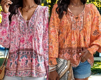 Boho Floral Spring Blouse, Summer Blouse Long Sleeve, Bohemian Floral Print Blouse for Spring, Floral Loose Fit Spring Blouse