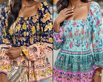 Boho Floral Sommer Bluse, Frühling Bluse Langarm, Boho Floral Print Bluse für den Frühling, Floral Loose Fit Frühling Bluse