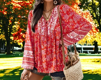 Boho Floral Frühling Bluse, Sommer Bluse Langarm, Boho Floral Print Bluse für den Frühling, Floral Loose Fit Frühling Bluse