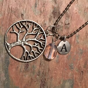 Tree of Life Alphabet Charm Necklace – Personalized Initial Jewelry with Crystal Drop & 30-Inch Chain
