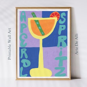 Hand-Painted Aperol Spritz Print, Printable Aperol Spritz Wall Art, Retro Cocktail Print, Eclectic Wall Art, Cocktail Poster, Bar Cart Decor