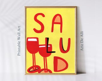 Salud Print, Cheers Poster, Cheers Art, Cocktail Poster, Retro Cocktail Print, Bar Cart Decor, Salud Digital Print, Spanish Wall Art