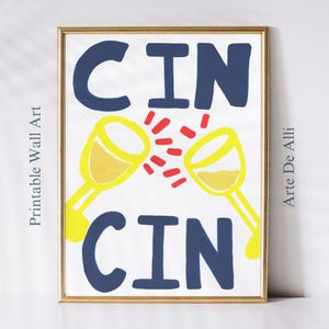 Hand-Painted Cin Cin Print, Bar Cart Decor, Printable Cin Cin Wall Art, Cin Cin Poster, Cheers Wall Art, Wine Glass Poster, Bar Wall Art