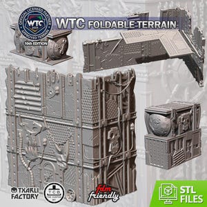 May include: Gray 3D-printed terrain pieces for tabletop gaming. The image shows various modular structures, including walls, containers, and platforms. The text "WTC Foldable Terrain" and "STL Files" are visible. The pieces have a detailed, industrial design with rivets and panels.