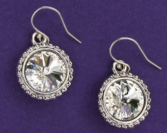 Bridal Earrings - Swarovski Rivoli Crystal on Beaded Setting with Sterling Silver Earwires - Handmade Wedding Earrings