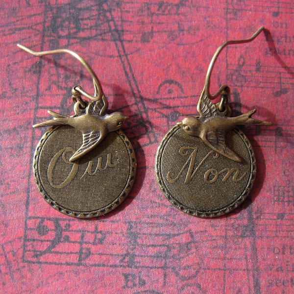 Earrings - Antiqued Brass Swallows with Oui Non Discs