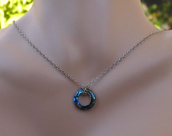 Necklace - Bermuda Blue Swarovski Cosmic Ring with Sterling Silver Necklace