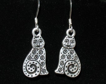 Earrings - Antiqued Silver Cat with Spirals Earrings with Sterling Silver Earwires