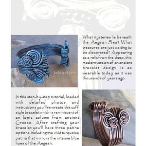 May include: A turquoise blue copper wire cuff bracelet with a spiral design. The bracelet is reminiscent of an ancient Greek ionic column. The bracelet is shown on a white background.