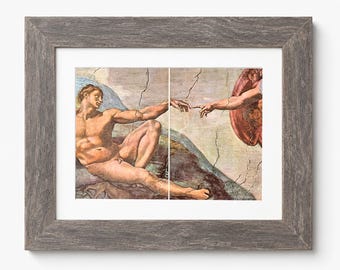 Creation of Adam Framed Diptych, Michelangelo Sistine Chapel Wall Art, Renaissance Library Decor, Classical Office Art