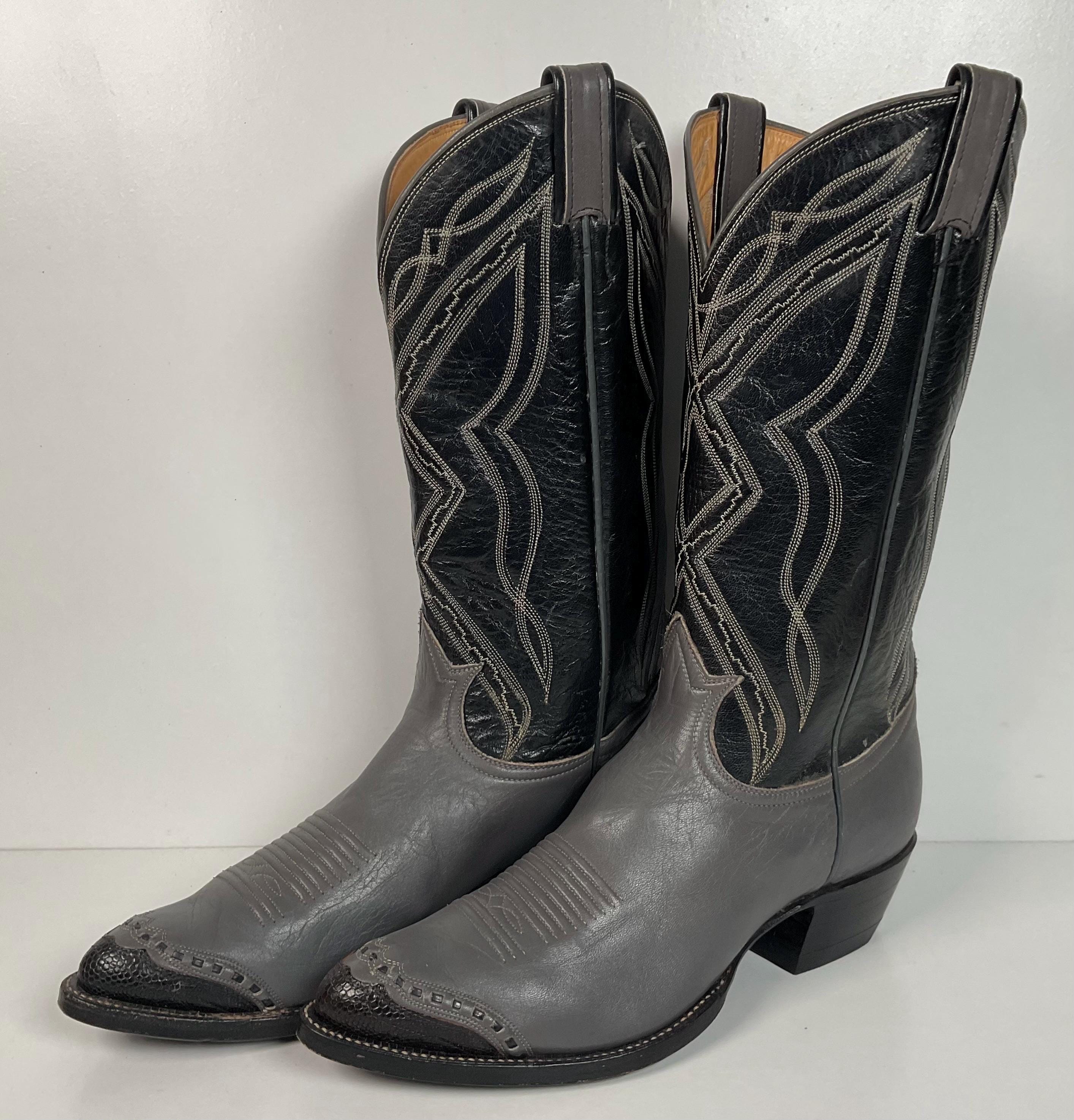 靴 vintage tony lama gray long boots Vintage Tony Lama Gray & Black Cap Toe Cowboy Boots Size 9.5