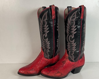 Vintage Dan Post Python Snakeskin Cowgirl Boots | USA Made | Red | Women’s 7 M